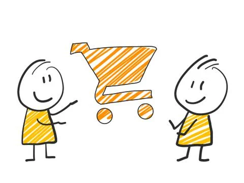 2 stick man standing and thinking expression illustration yellow shopping cart Stock Illustration