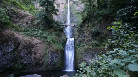 2 tier huge waterfall with a bridge Stock Footage 45913223