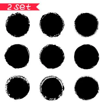 2 vector set of round black stickers ink blots isolates on white background Stockillustratie