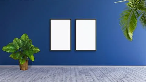 2 vertical frame mockup on a blue wall with green leaf plants 3d rendering. Stock Illustration