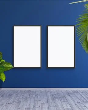 2 vertical frame mockup on a blue wall with green leaf plants 3d render Illustrazione stock