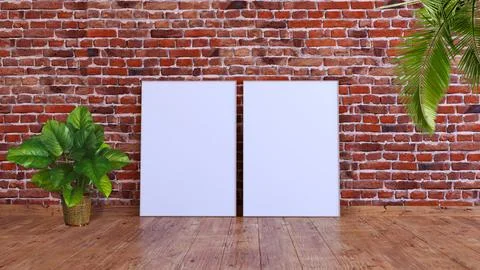 2 vertical frame mockup on a red brick wall with wooden floor, palm leaves and Stock Illustration