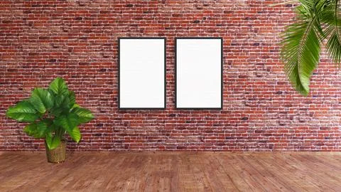 2 vertical frame mockup on a red brick wall with wooden floor, palm leaves and Stock Illustration