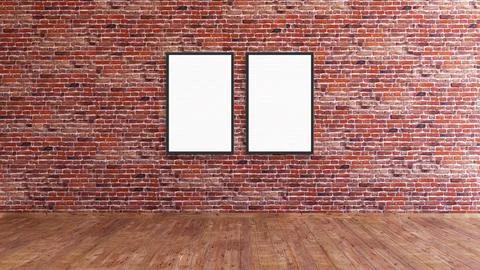 2 vertical frame mockup on a red brick gallery wall with wooden floor 3d Stock Illustration