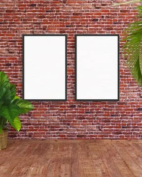 2 vertical frame mockup on a red brick wall with wooden floor, palm leaves and Illustrazione stock