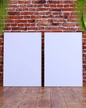 2 vertical frame mockup on a red brick wall with wooden floor, palm leaves and Stock Illustration