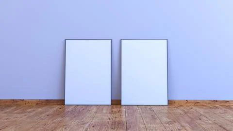 2 vertical frame mockup on a white gray wall with wooden floor 3d render Illustrazione stock