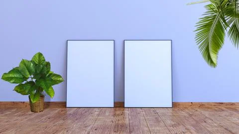 2 vertical frame mockup on a white gray wall with wooden floor 3d rendering. 스톡 일러스트