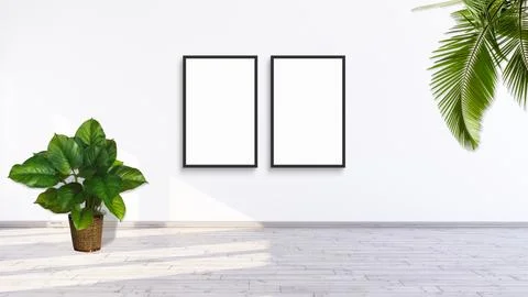 2 vertical frame mockup on a white wall with green leaf plants 3d rendering. Stock Illustration