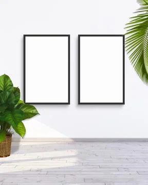 2 vertical frame mockup on a white wall with green leaf plants 3d render Stock Illustration
