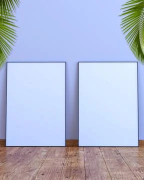 2 vertical frame mockup on a white gray wall with wooden floor 3d render Stock Illustration