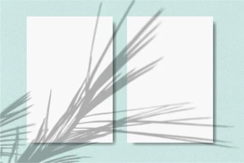 2 vertical sheets of textured white paper on blue table background. Mock up with Stock Illustration