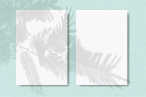 2 vertical sheets of textured white paper on blue table background. Mock up with Stock Illustration
