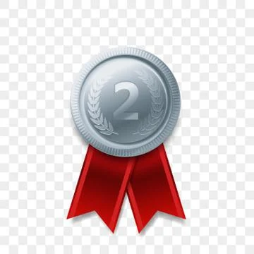 2 winner silver medal award with ribbon vector realistic icon isolated on tra Illustrazione stock