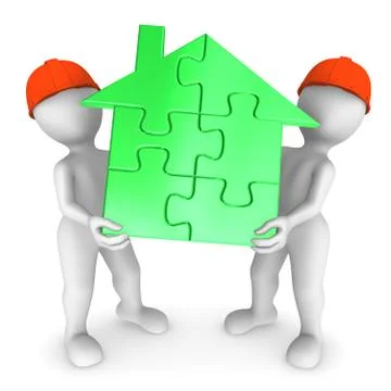 2 workers hold green puzzle house. 3d small people. Stock Illustration