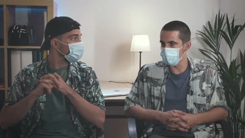 2 young man record interview video for social media audience Video stock 139642373