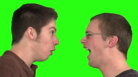 2 young men yelling at each other. Green background. Stock Footage 49860991