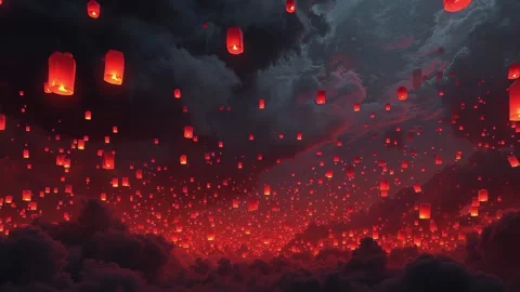 20 46 Night sky filled with glowing red lanterns floating upward fe 74802fa4 Stock Footage 318235180