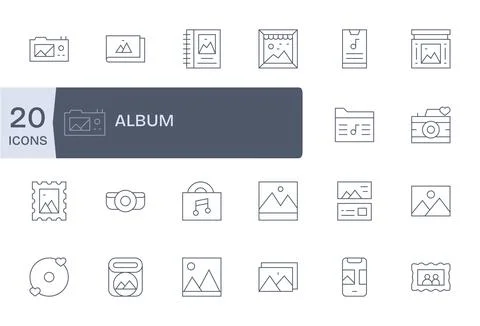 20 64x64 Thin Line Vector Icons optimized for Album Grid Fitted display Stock Illustration