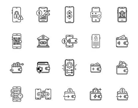 20 Digital Wallet and Mobile Banking Icons set 스톡 일러스트