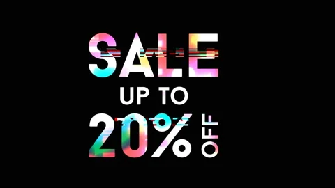 20% discount on a black background, glitch effect, bright multicolored paints. Vidéo 145145819
