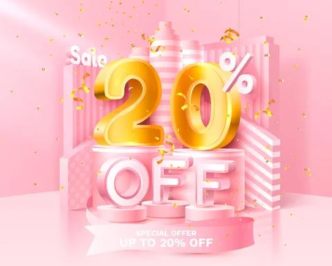 20 Off. Discount creative composition. 3d sale symbol with decorative objects Illustrazione stock