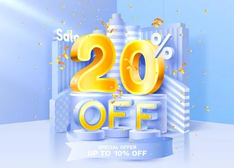 20 Off. Discount creative composition. 3d sale symbol with decorative objects Stock Illustration