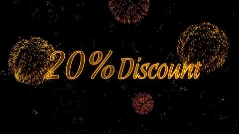 20 Discount Greeting text with particles, colored fireworks, sparks and stars Stock Footage 99062384