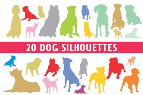 20 Dogs different silhouettes set designed in vintage style Stock Illustration