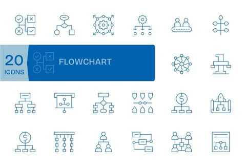 20 Editable 128x128 Vector Icons for Flowchart in elegant Thin Line design Stock Illustration