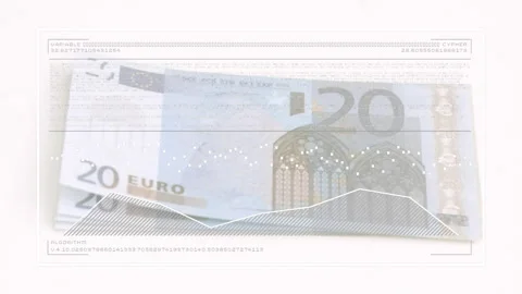 20 euro note appearing, dots tracing data, graph forming stacking and rotating Stock Footage 315534616