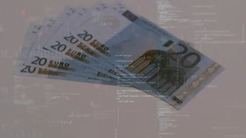 20 euro notes entering top edge, sliding, rotating, fanning open to reveal Stock Footage 329454086