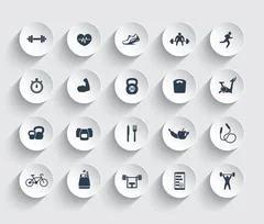 Gym, fitness exercises round icons, gym training, workout icon