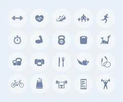 Gym, fitness exercises round icons, gym training, workout icon