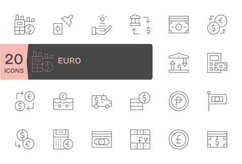 20 Grid Fitted 256x256 Vector Icons for Euro in elegant Thin Line design Stock Illustration