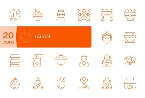 20 Grid Fitted 256x256 Vector Icons for Asian in elegant Thin Line design Stock Illustration