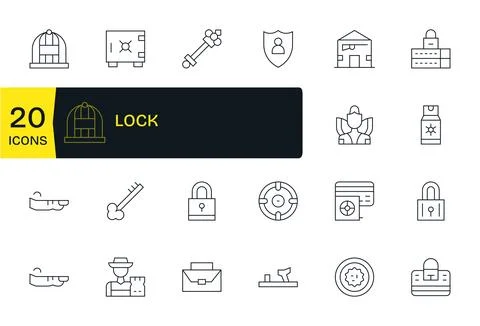 20 Grid Fitted Thin Line Vector Icons designed for Lock Interface Stock Illustration