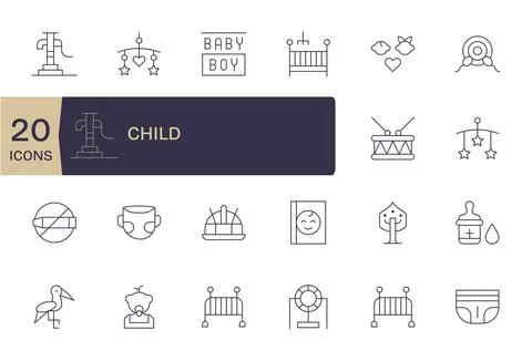 20 Grid Fitted Vector Icons themed around Child in High Resolution Thin Lin.. Stock Illustration