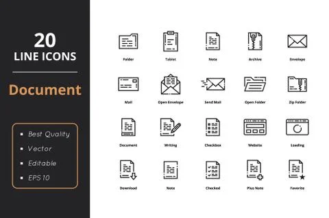20 High Quality Documents Line Icons Illustrazione stock