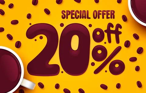 20 percent Off. Discount creative composition. Coffee special offer. Sale banner Ilustración de archivo