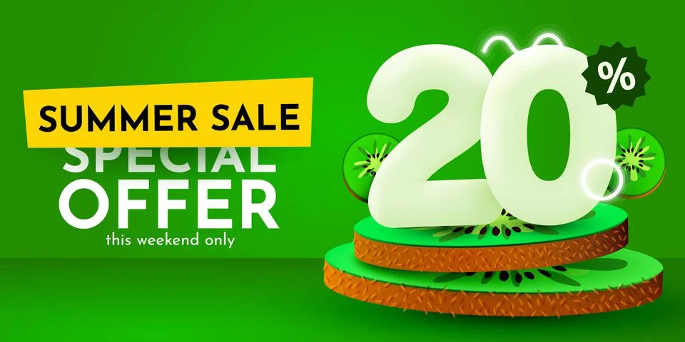 20 percent Off. Discount creative composition. Summer sale banner with kiwi Stock Illustration