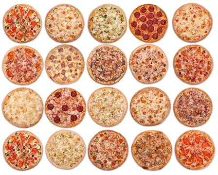 20 pizzas on a white background. View from above Stock Photos
