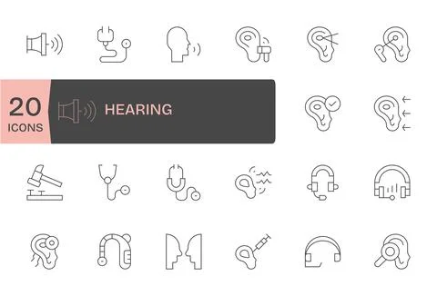20 Thin Line Pixel Aligned Vector Icons for Hearing Graphics Stock Illustration