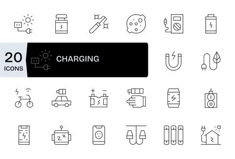 20 Thin Line Vector Icons from Charging in 64x64 Detail Enhanced Quality Stock Illustration