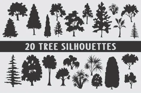 20 tree silhouettes set different shapes Stock Illustration