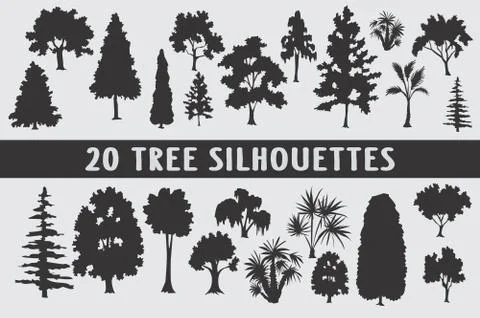 20 Trees Silhouettes various design set Stock Illustration