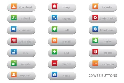 20 web buttons with flat graphic design for your best business website Stock Illustration