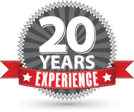 20 years experience retro label with red ribbon, vector illustration Stock Illustration