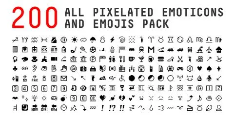 200 Black Pixelated Emoji Pack Stock Illustration