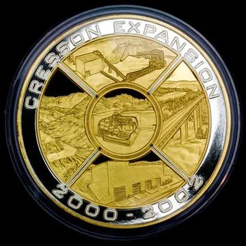 2000-2002 Selectively Gold-plated 5 Ounce Silver Round. Cripple Creek, Colorado Stock Photos
